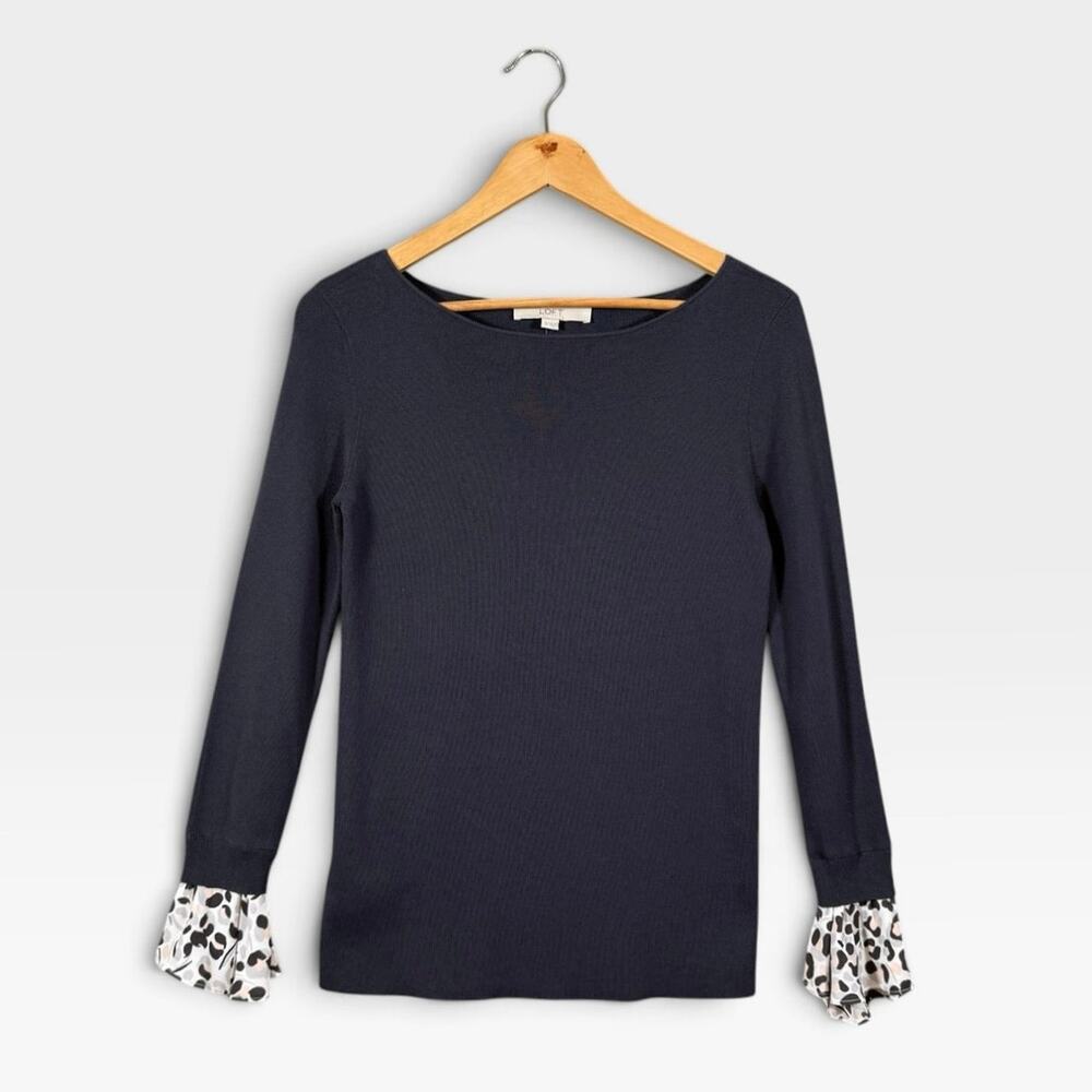 LOFT Cotton Blend Sweater Top Layered Print Bell Sleeve XS NWT Academia Career